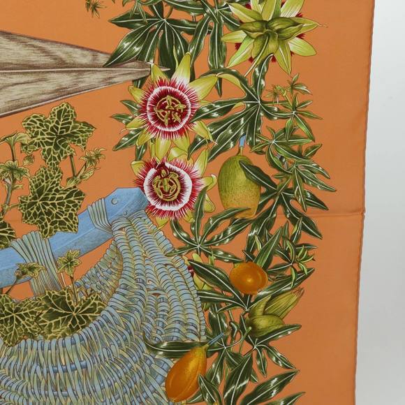 HERMES Carre 90 PASSIFLORES Scarf Silk Orange Auth am5974 - Picture 5 of 16